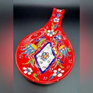Handpainted Spoon Rest Turkish Ceramic 3D Floral Evil Eye Red Blue Kitchen Decor